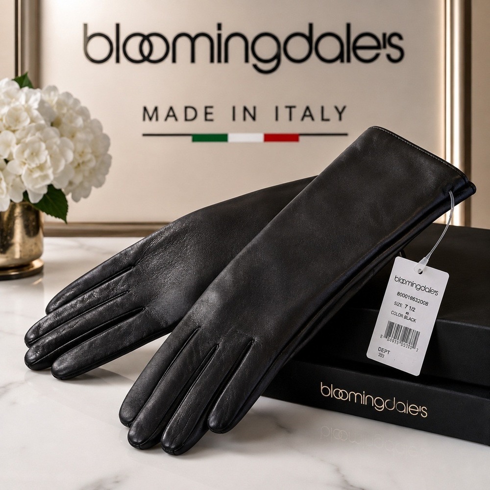 Bloomingdales Black Made in Italy Leather Gloves 100% Cashmere Lined NWT Sz 7.5